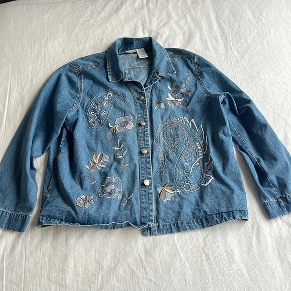 Vintage Floral Stitched Denim Jean Jacket XL - Picture 1 of 6